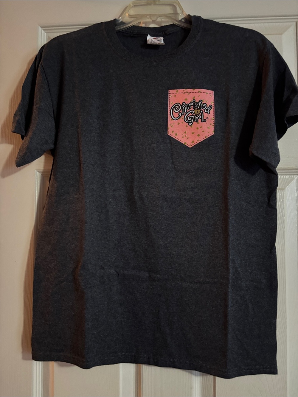 Cherished Girl Pocket Tee - Charcoal with Pink Pocket